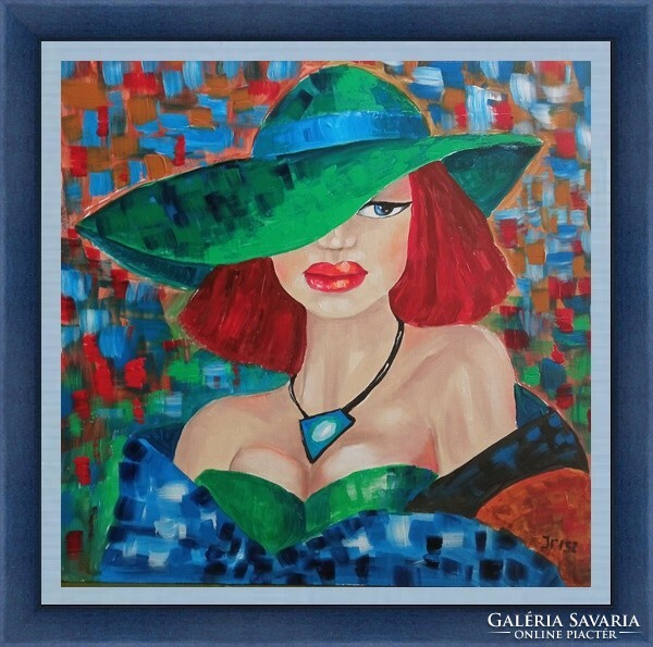 ---- Woman in green hat --- painting, abstract