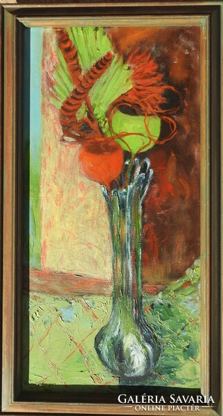 Unknown painter - poppy dried flower bouquet still life - marked - oil / canvas