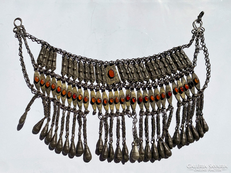 Old Turkmen silver necklace with carnelian stones.