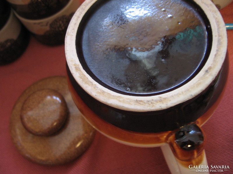 Tájképes shabby, vidéki hangulatú retro kerámia teás készlet barna-beige