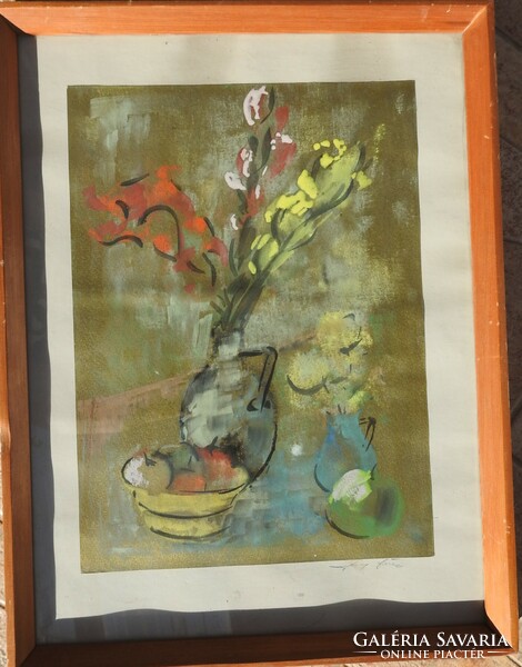 Ismeretlen festőművész - Virágcsendélet gyümölccsel - jelzett - akvarell