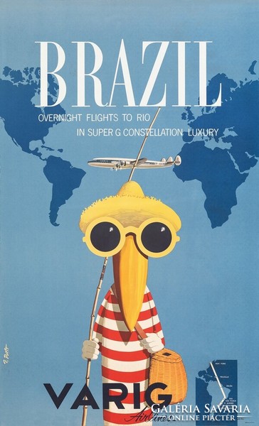 Retro utazási reklám Brazília tukán vicces napszemüveg csíkos fürdőruha Vintage plakát reprint