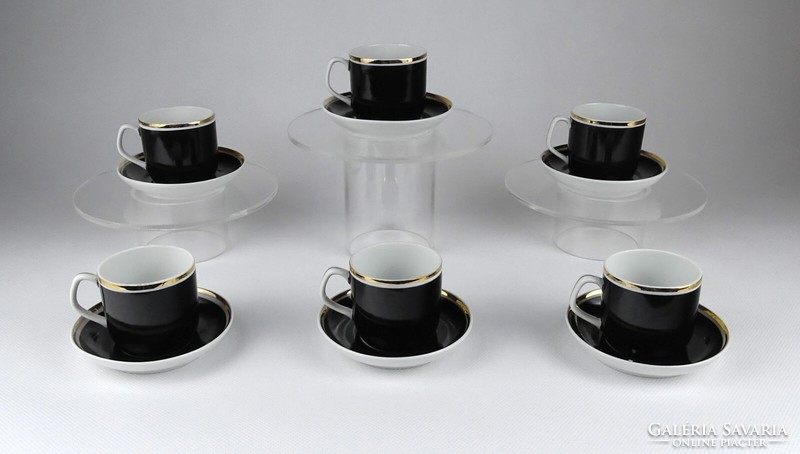 1J038 Retro fekete Hollóházi porcelán kávéscsésze készlet 6 személyes
