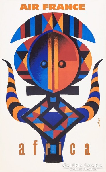 Retro utazási reklám Afrika geometrikus törzsi motívum pajzs kaffer bivaly Vintage plakát reprint