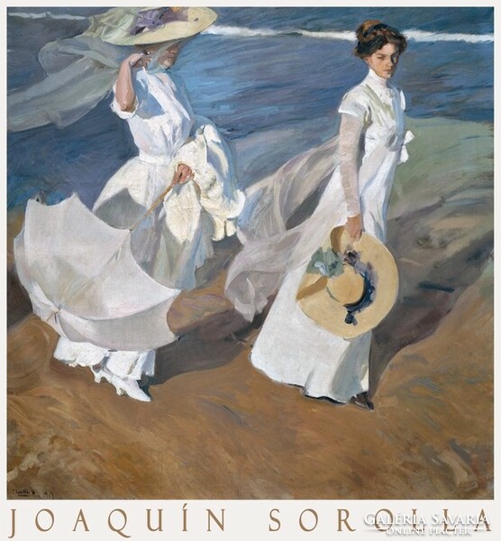 Joaquín sorolla walking on the beach 1909 painting art poster, women in white dress hat umbrella
