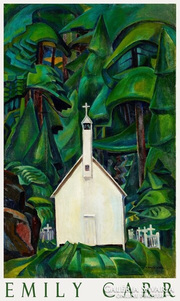 Emily Carr Indian Temple 1929 painting art poster, small white chapel on the edge of the forest with green trees