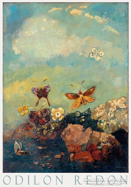 Odilon redon butterflies 1910 symbolist painting art poster with colorful butterflies blue sky landscape