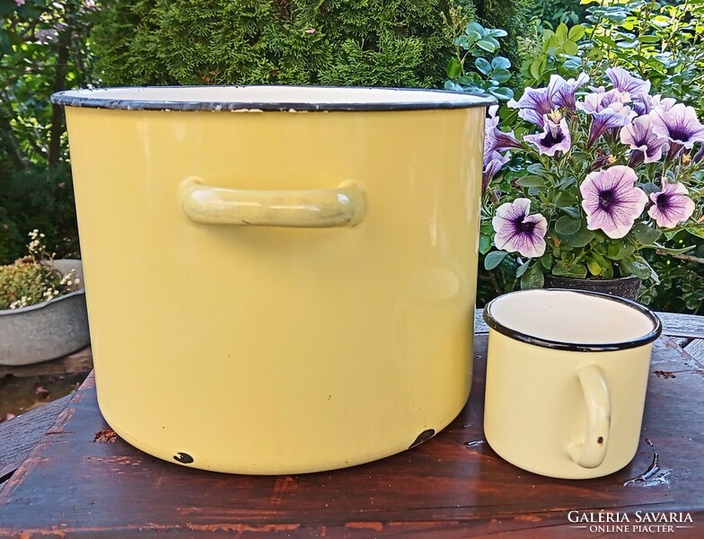 Yellow enamel pan and mug