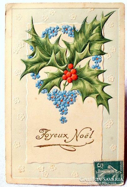 Antik dombornyomott Karácsonyi üdvözlő  litho képeslap magyal nefelejcs