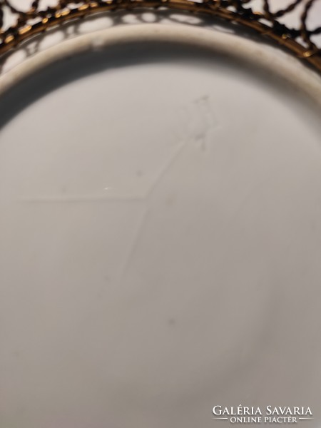 Antik Asztalközép kínáló porcelán tál Réz kézimunka füles tàl
