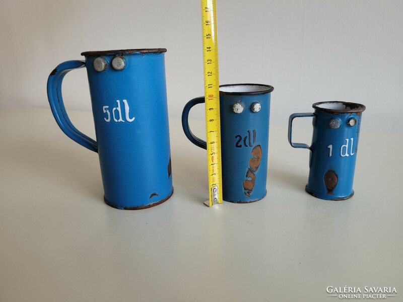 Old 3 pcs enameled measuring cup with crowned coat of arms vintage enameled measure Budafok quarry measuring vessel