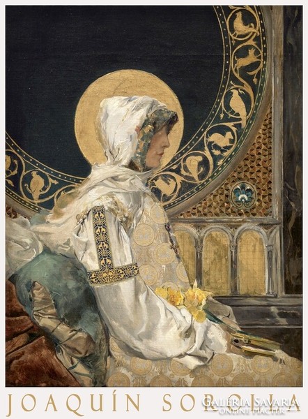 Joaquín Sorolla Imádkozó szent 1888 festmény művészeti plakátja, kámzsás női alak arany arany glória