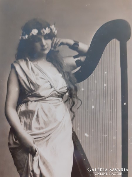 Régi képeslap 1909 hárfás hölgy fotó levelezőlap
