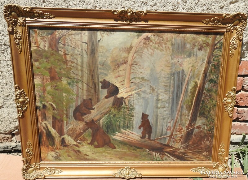 Unknown painter - bear crawls - huge oil on canvas painting in blondel frame