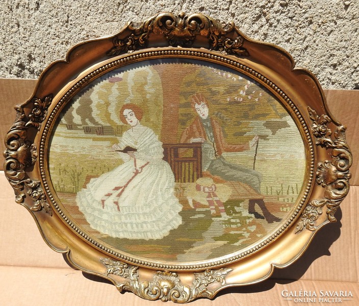 Art Nouveau woven needle tapestry - picnic outdoors - in oval blondel frame