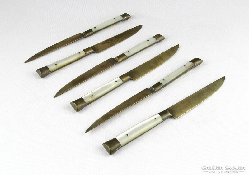 1J150 marked achatius Art Nouveau copper knife set with pearl inlay box of 6 pieces