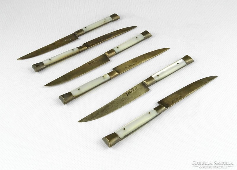 1J150 marked achatius Art Nouveau copper knife set with pearl inlay box of 6 pieces