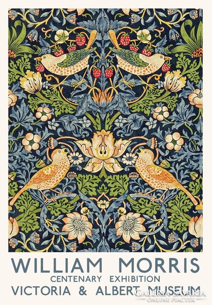 William Morris centenáriumi kiállítás reprint plakát viktoriánus tapéta textil minta eperlopó madár