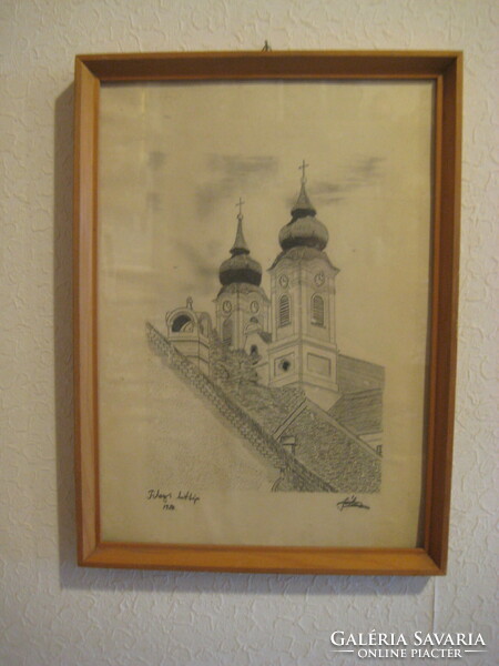 Tihany skyline, 1982 unique, graphics, pencil drawing under glass, signed!