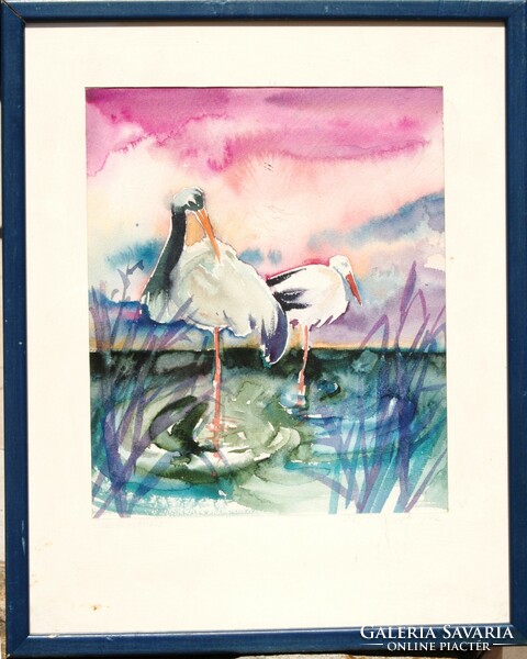 S. R. Hooge: Gólyák, 1972 - eredeti akvarell, keretezve