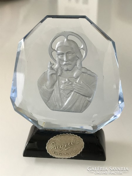 Art deco cseh kristály üvegdísz intaglio Jézus fejjel, Schlevogt Ingrid sorozat , 8 cm magas