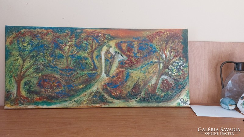 Modern festmény "Az udvaros" 58x25 cm olaj, vászon