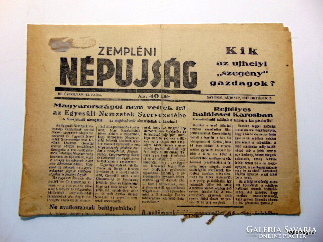 1947 October 5 / Zemplén folk newspaper / birthday !? Origin newspaper! No. 22236