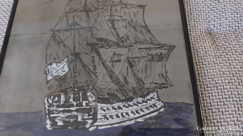 (K) Szignózott hajós festmény 30x40 cm kerettel