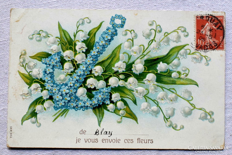 Antik dombornyomott üdvözlő litho képeslap gyöngyvirág  nefelejcs horgony
