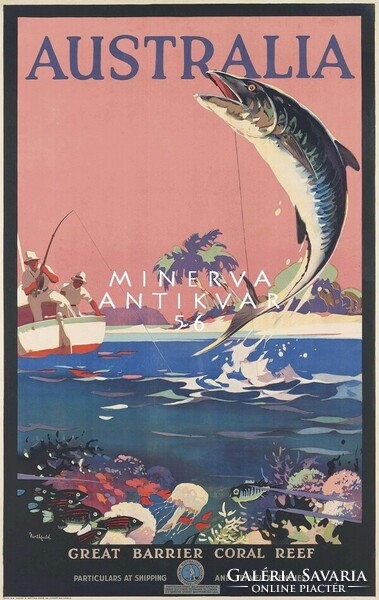 Horgászat, hal, csónak, horgászbot,  Ausztrália, Nagy Korallzátony 1925 Vintage/antik plakát reprint