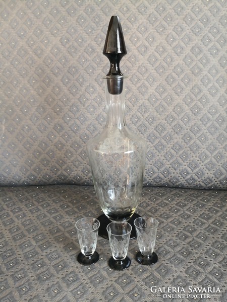 Art Nouveau, wonderfully beautiful polished antique glass with glasses, black glass base and stopper