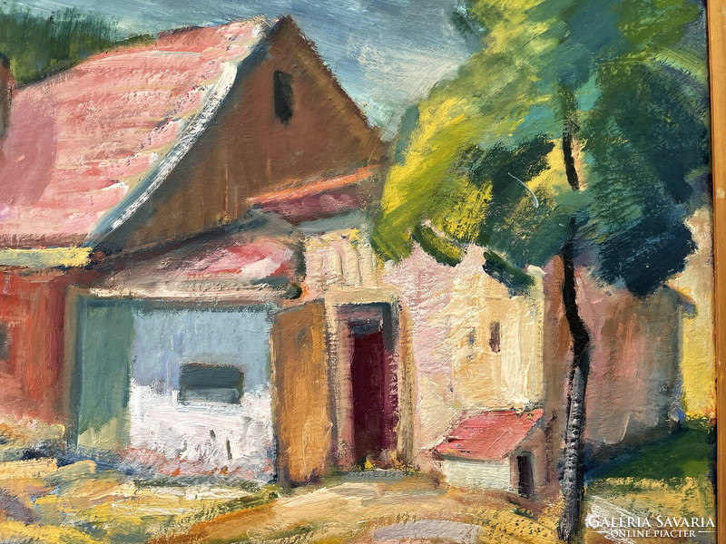 HOVÁN LÁSZLÓ (1920-1990) :TANYAUDVAR KEREKES KÚTTAL 64x86,5cm!!!
