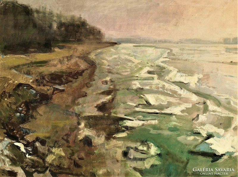 László Zirkelbach's (1916 - 2014) winter painting on the Danube bank with original guarantee!