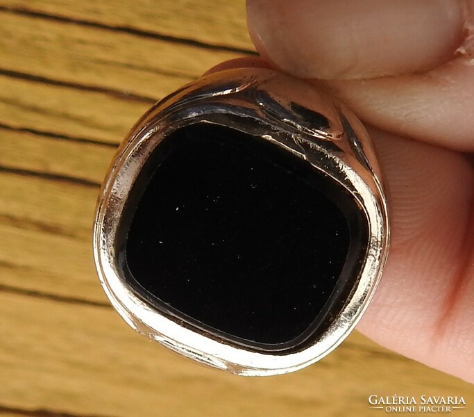 Huge black stone sealing ring in old silver color