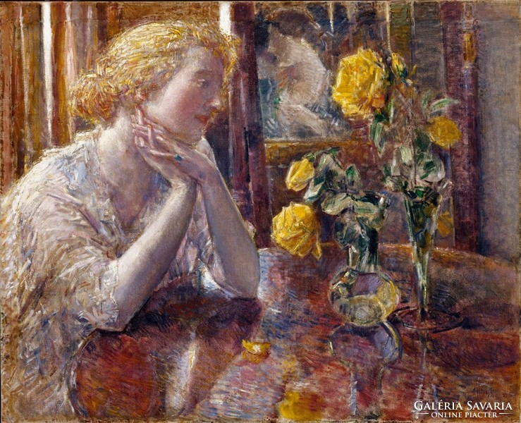 Childe hassam - contemplation in front of roses - reprint