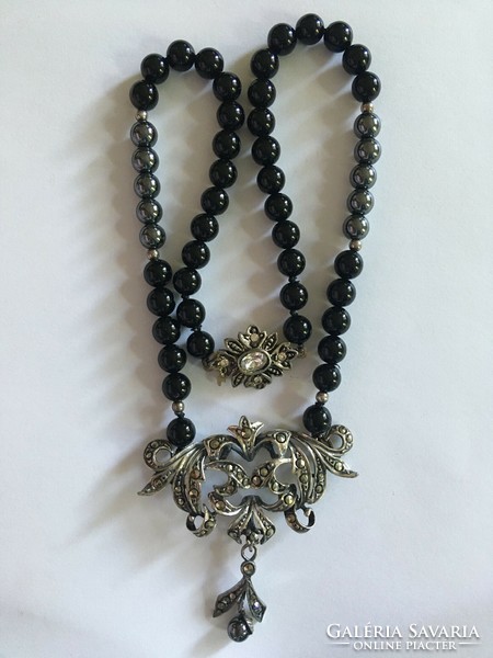 Art Nouveau style necklace collier silver onyx hematite marcasite old