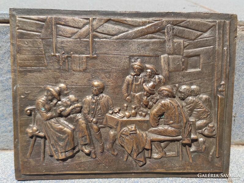 Bronze wall picture, antique pub scene with smoking pipe, people smoking