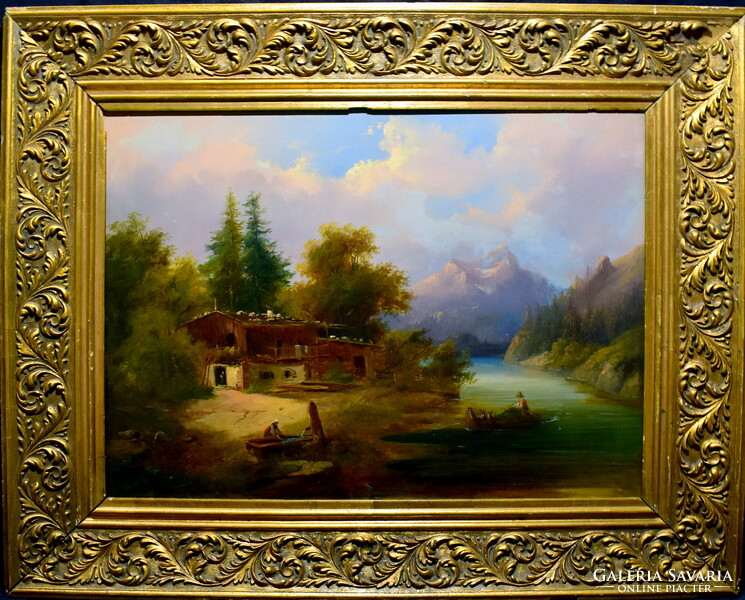 Xix. No. Austrian painter: alpine landscape - a picture of life ... A lavish work from the 1800s ii. Half of it !!!