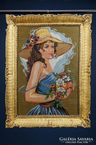 Tapestry image, hand-sewn lady in hat, large size
