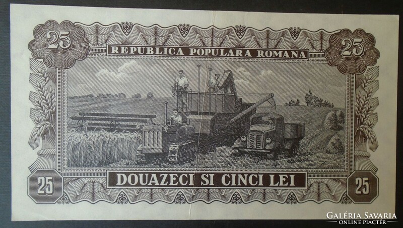 27  63 Régi bankjegy  -  ROMÁNIA  25  Lej  1952  VF+  piros sorozatszám  ritka (nagyon ritka)