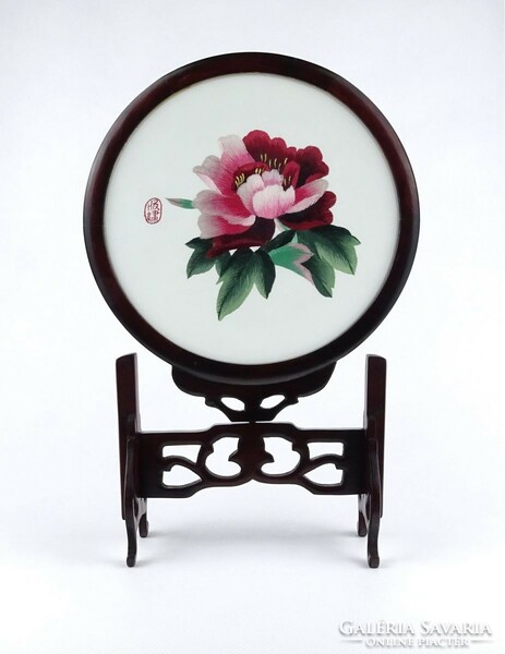 1J389 Chinese teak framed silk embroidered handicraft ornament
