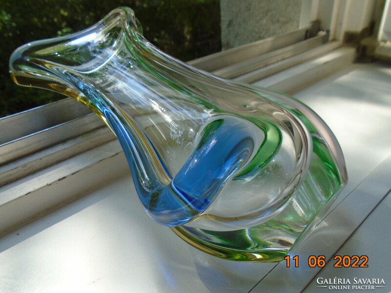Mid century sklo union heavy flat vase with 4 colored embossed glass stems and polished soles