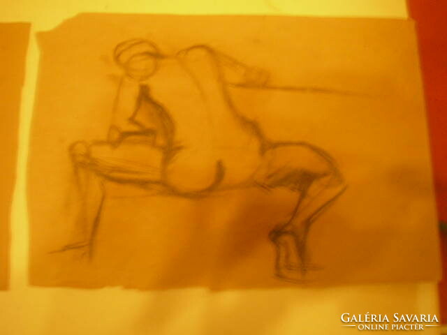 4 pcs artistic study drawing, on antique brown paper, without sign, carbon, graphite 32 x 22 /. Cm