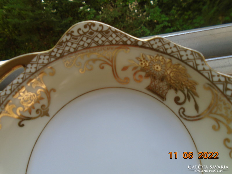 NORITAKE luxus japán porcelán ,aranybrokát virágkosár mintával, füles, négyszögletes dísztál