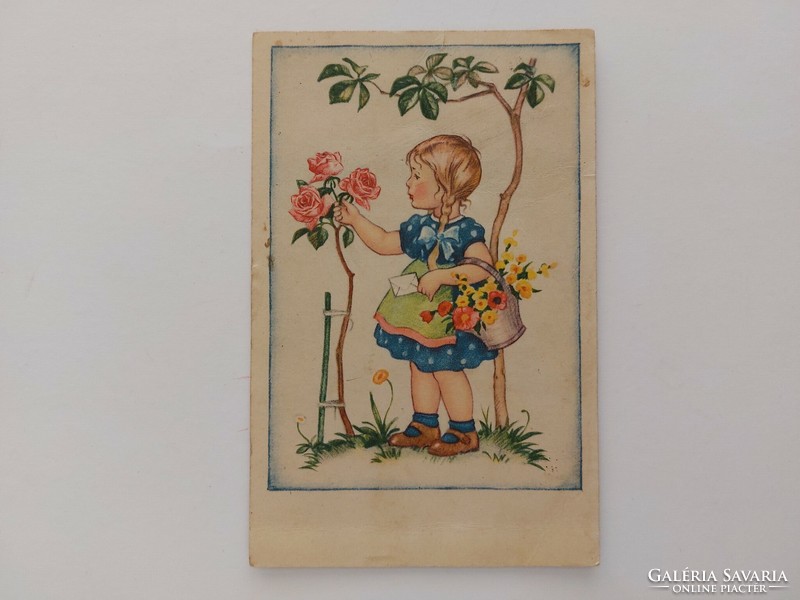 Régi képeslap 1950 rajzos levelezőlap kislány rózsa