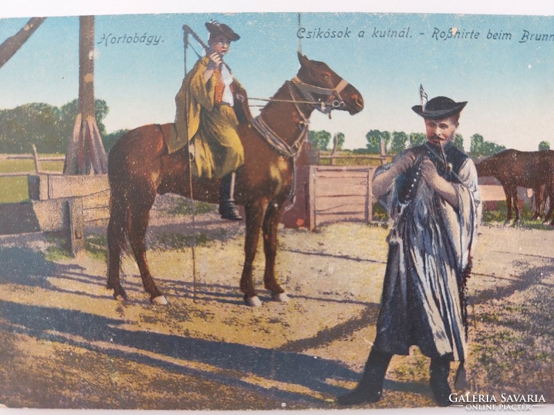 Régi képeslap 1918 lovak fotó levelezőlap Hortobágy csikósok a kútnál