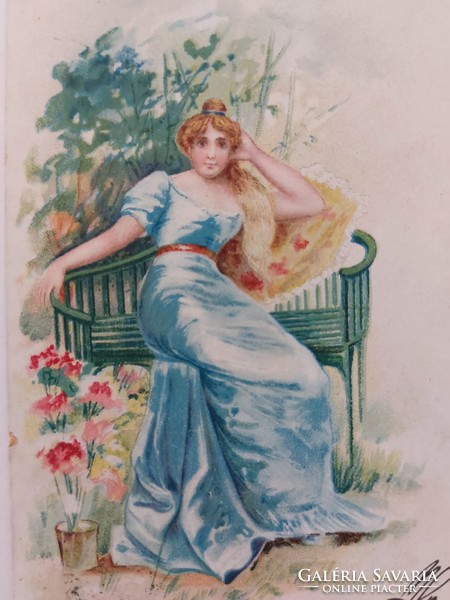 Régi képeslap 1900 művészeti levelezőlap hölgy padon