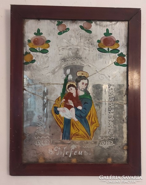 Antique 1800s mirror fringe icon image, holy. Joseph the Little Jesus, XIX century