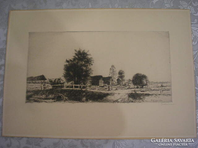 István Boldizsár, village end of Kunság farm with bridge 1960 signed coca etching 40 x 27 cm in cardboard mount