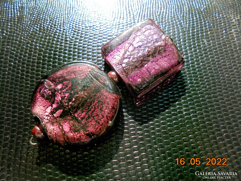 Muranói kétrészes ezüst lemez zárványos lilás-rózsaszín medál